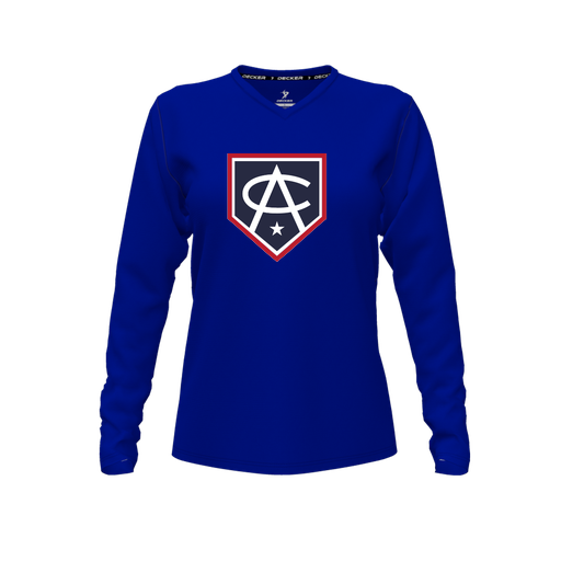 [CUS-DFW-TEES-PER-VNK-LSL-RYL-FYXS-LOGO3] Decker Performance T-Shirt (Female Youth XS, Royal, V Neck, Logo 3, Long Sleeve)