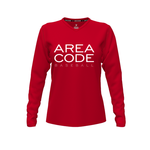 [CUS-DFW-TEES-PER-VNK-LSL-RED-FYXS-LOGO2] Decker Performance T-Shirt (Female Youth XS, Red, V Neck, Logo 2, Long Sleeve)